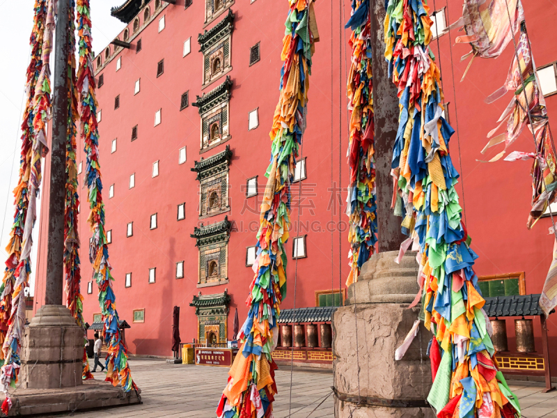 寺庙,彩色图片,普陀宗乘之庙,经幡,藏族,旅行者,红色,蓝色,远古的