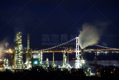 室兰,夜晚,四只动物,日本,巨大的,工厂,白鸟大桥,自然,水,水平画幅