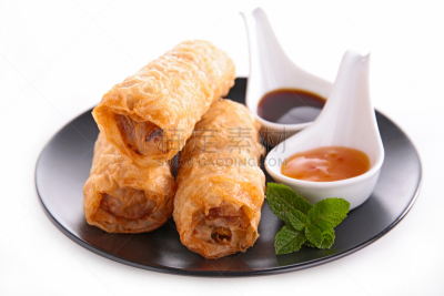 春卷,白色,分离着色,餐具,饮食,水平画幅,无人,开胃品,膳食,白色背景