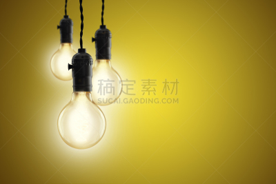 电灯泡,想法,概念,黄色背景,爱迪生,白炽灯泡,电缆,灵感,水平画幅,能源