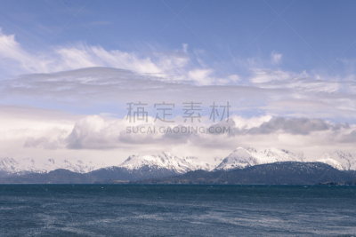 基奈山脉,云,卡彻马克海湾,霍默,水,天空,水平画幅,地形,雪,无人