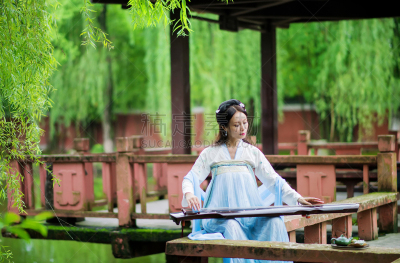 古琴,女人,进行中,湖,音乐,生活方式,图像,荷花,传统服装,中国