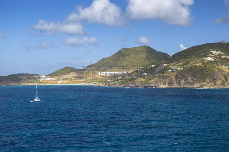 海岸线,加勒比海,水,天空,水平画幅,无人,法国圣马丁,户外,海滩,山