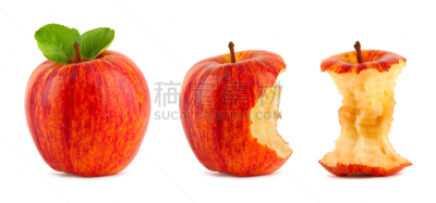 成一排,红色,苹果,布瑞本苹果,咬一口,苹果核,水平画幅,绿色,素食,全景