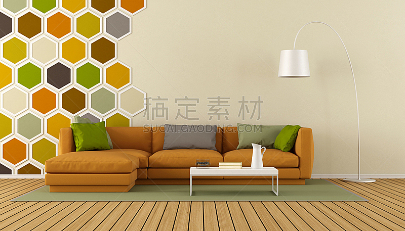 多色的,起居室,极简构图,镶花地板,六边形,橙色,硬木,软垫,沙发,地毯