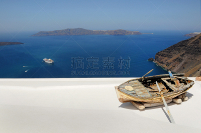 古典式,圣托里尼岛,船,水,天空,水平画幅,山,无人,火山地形,古老的