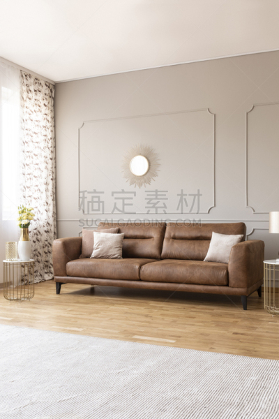 灰色,沙发,皮革,起居室,高雅,黄金,室内,镜子,枕头,花
