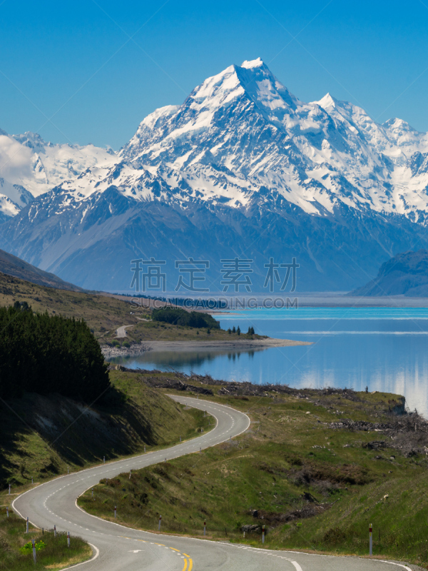 路,新西兰,库克山,垂直画幅,天空,新的,云,山,雪,无人