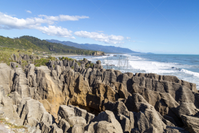 punakaiki,新西兰,薄饼岩,水,水平画幅,呼吸孔,无人,石灰石,夏天,户外