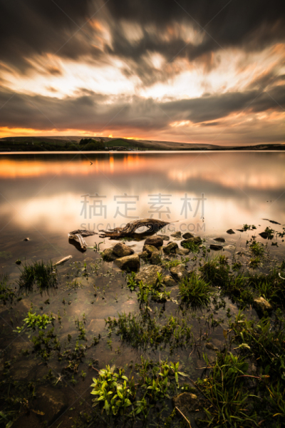 湖,宁静,橙色,自然美,在上面,博尔顿,兰开夏,日落湖,垂直画幅,水