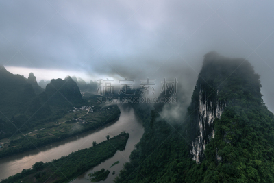 山顶,风景,早晨,漓江,云,水,天空,水平画幅,山,雪