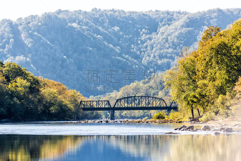 水,湖,金色,橙色,秋天,峡谷,特写,河流,桥,宁静