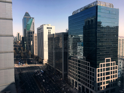 韩国,街道,办公室,天空,水平画幅,高视角,无人,市区路,交通,十字路口