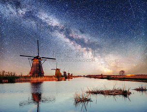 荷兰,星系,夜晚,磨坊,大波斯菊,水,天空,水平画幅,无人,古老的