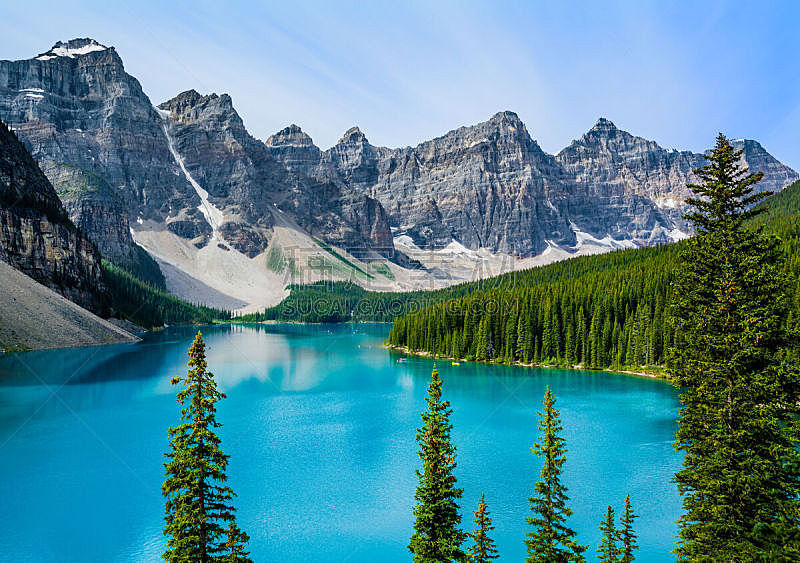 梦莲湖,加拿大落基山脉,水,天空,水平画幅,雪,阿尔伯塔省,无人,夏天,户外