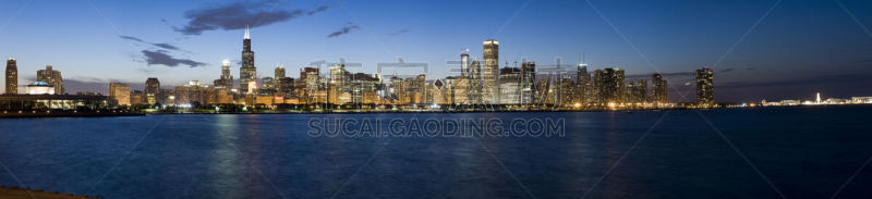 城市天际线,芝加哥市,全景,黄昏,谢德水族馆,湖尖塔,梦露港,aon center,芝加哥格兰特公园