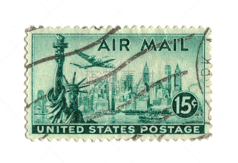 分币符号,过时的,美国,邮票,数字15,航空邮件,自由女神像,古董,水平画幅,无人