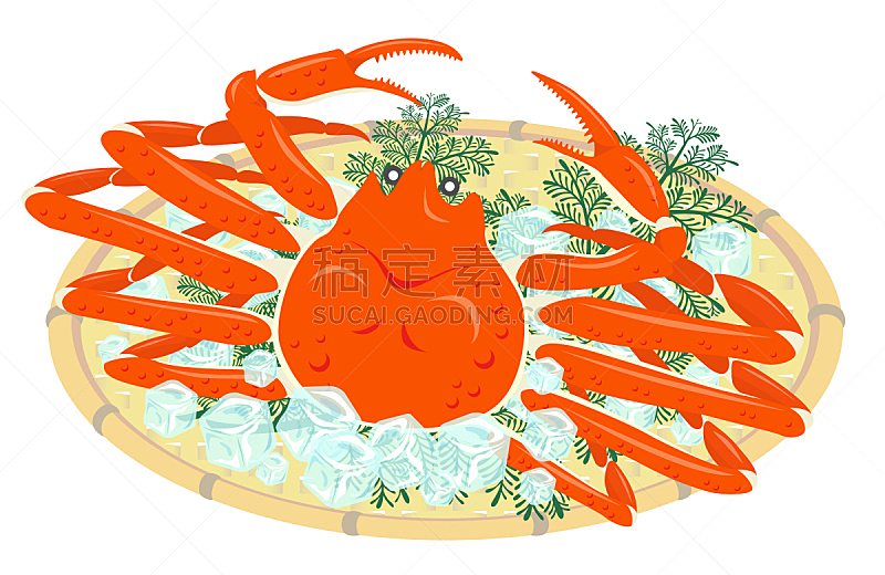 竹,白色背景,阿拉斯加雪蟹,篮子,分离着色,煮食,水平画幅,绘画插图,海产,螃蟹