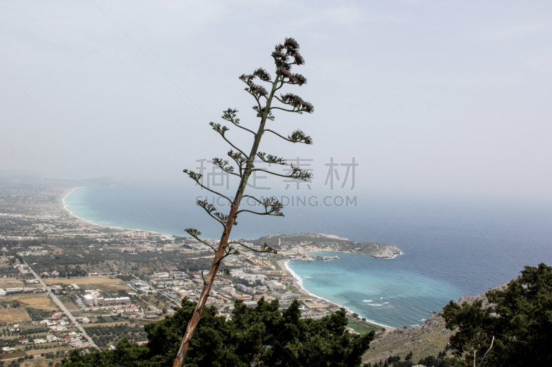 林多斯,罗德岛,雅典卫城,天空,水平画幅,山,无人,块状,古老的,户外