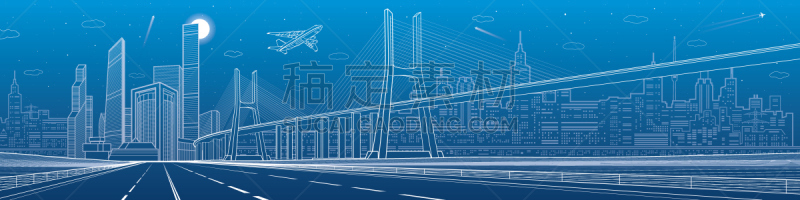 夜晚,无人,现代,矢量,飞机,全景,公路,城市,塔,设计