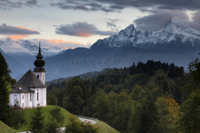 贝希特斯加登,贝清真寺,草地,贝希特斯加登地区,水平画幅,秋天,雪,无人