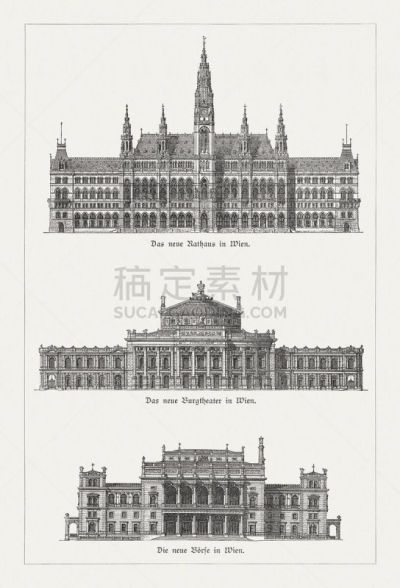 Vienna buildings from the 19th century, wood engravings, published 1897