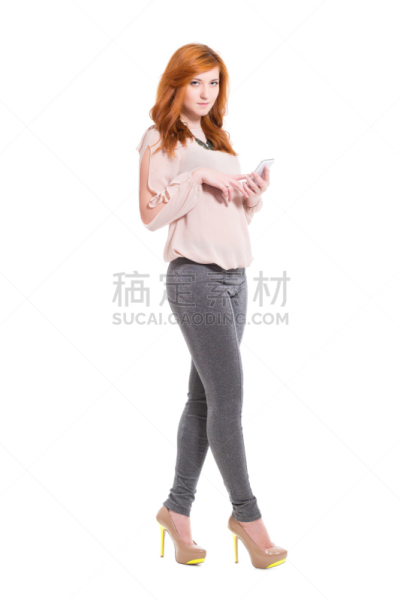 红发人,女人,可爱的,垂直画幅,美,电话机,紧身裤,优美,美人,高跟鞋