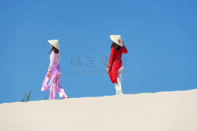 越南,奥黛,传统服装,脚印,热带气候,肮脏的,小的,波浪,沙漠,纹理