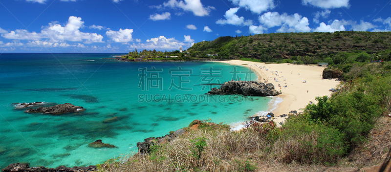 白昼,海湾,夏天,外米亚海湾,瓦胡岛,礁石,海滩,水平画幅,无人,全景