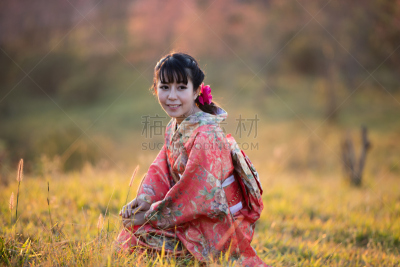 传统,泰国,和服,伞,红色,家庭花园,衣服,樱之花,女人