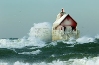 密歇根湖,水,寒冷,水平画幅,无人,建筑外部,户外,灯塔楼,冰,北美