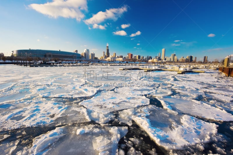 冬天,芝加哥市,酸味,水平画幅,雪,无人,早晨,aon center,户外,湖