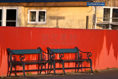 红色,长椅,墙,座位,水平画幅,无人,2015年,丹麦,夏天,岛