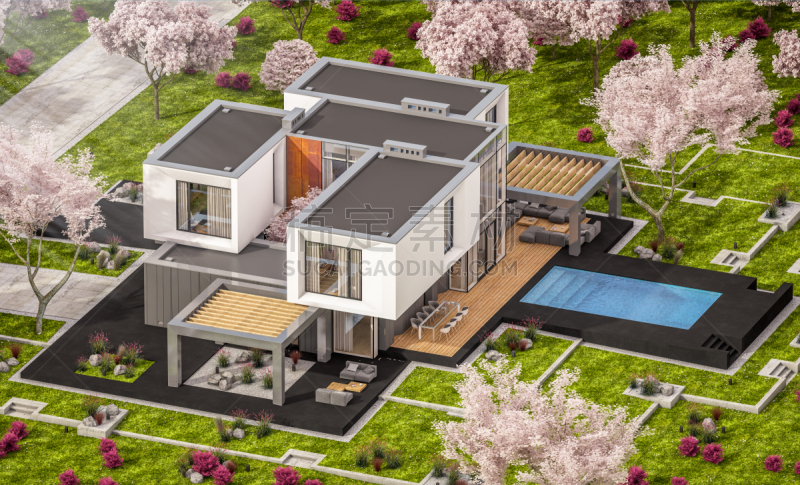 现代,春天,房屋,园林,三维图形,草坪,玫瑰,华贵,建筑物门,建筑业