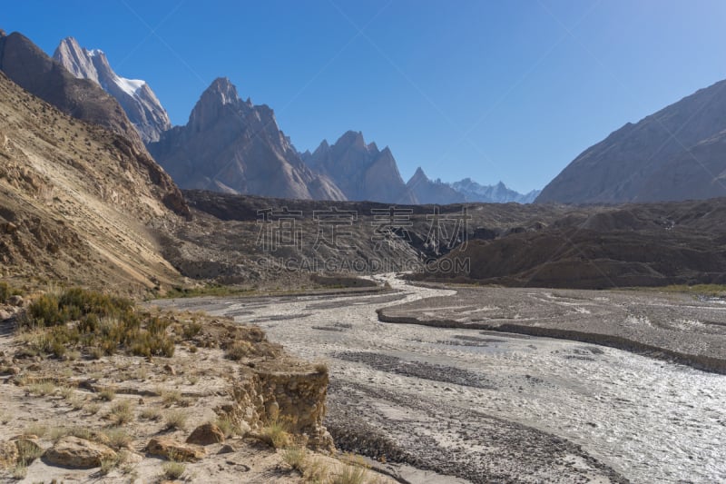 河流,徒步旅行,塔,乔戈里峰,trango glacier,保特罗冰川,背景,巴基斯坦,褐色,水平画幅