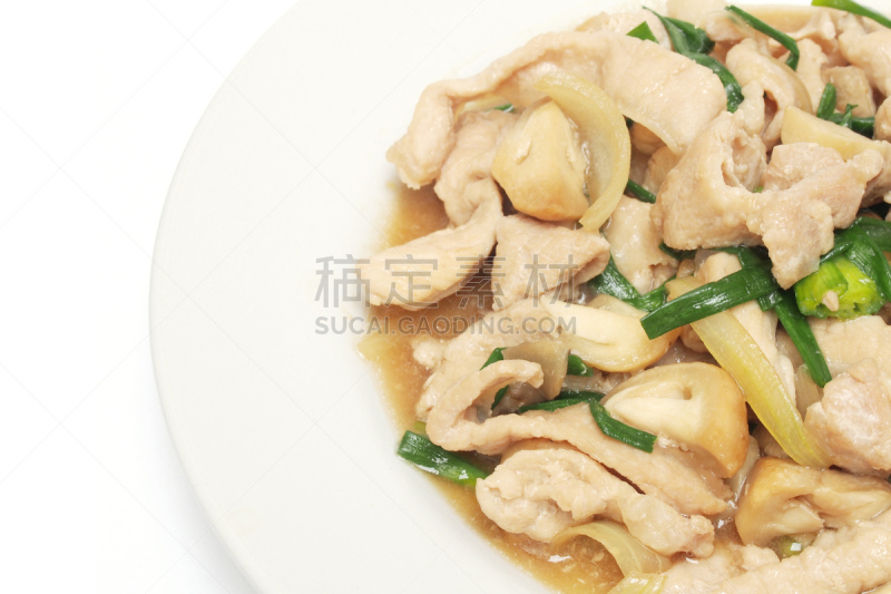猪肉,开胃酱,牡蛎,草菇,葱,水平画幅,无人,洋葱,白色背景,盘子