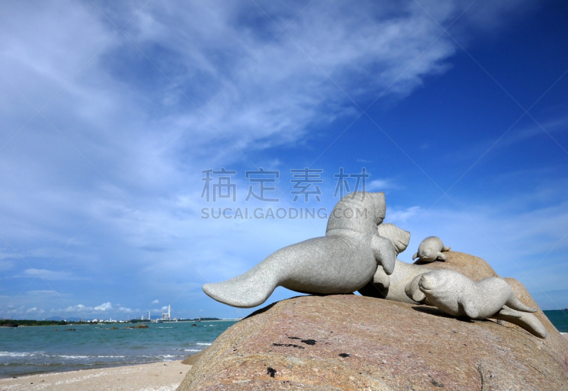 儒艮,可爱的,无人,图像,水平画幅,海洋,蓝色,广角,雕像,摄影