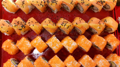 寿司,多样,餐盘,小圆面包,红辣椒,平铺,桌子,顶部,特写