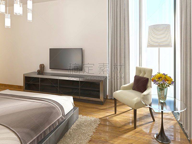 现代,宾馆客房,art deco风格,电视机,液晶显示,led灯,水平画幅,架子,家具,沙发