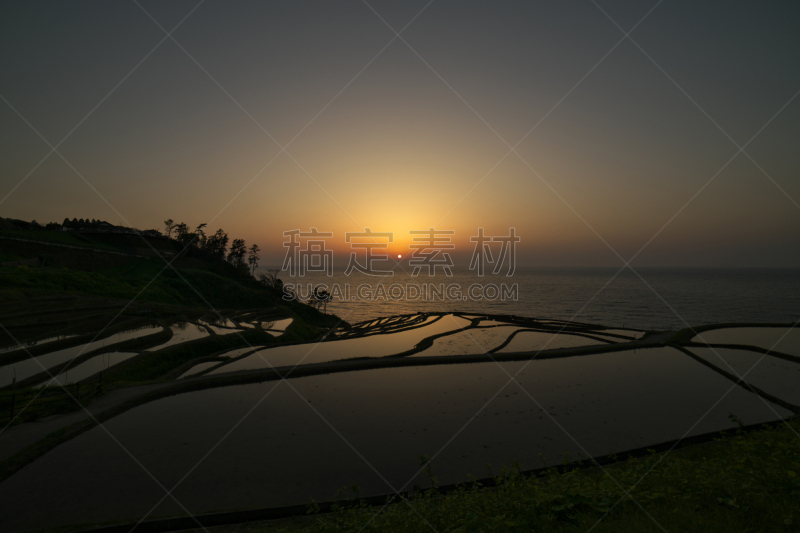 黄昏,能登半岛,北陆地区,水平画幅,无人,日本,日本海或东海,石川县,户外,水稻梯田