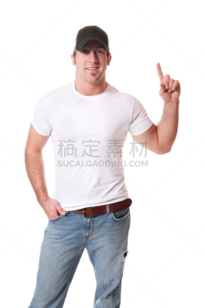 货车司机,数字1,soul patch,伸出食指,棒球帽,t恤,垂直画幅,留白,男性,仅男人
