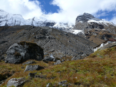 大本营,安纳普纳生态保护区,喜马拉雅山脉,雪山,鱼尾峰,经幡,冰碛,安娜普娜山脉群峰,山口,天空