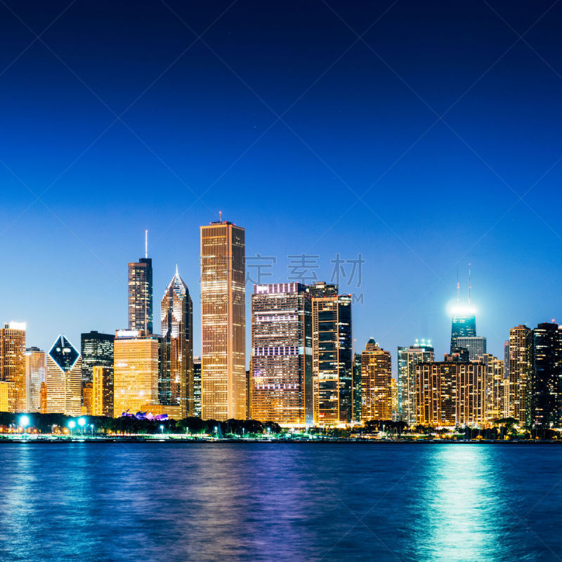 芝加哥市,密歇根湖,城市天际线,黄昏,aon center,汉考克大厦 ,美国,旅游目的地,建筑,夜晚