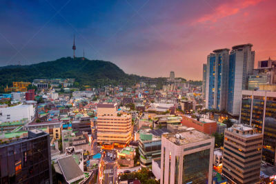 首尔,明洞,天空,水平画幅,夜晚,无人,曙暮光,户外,都市风景,韩国
