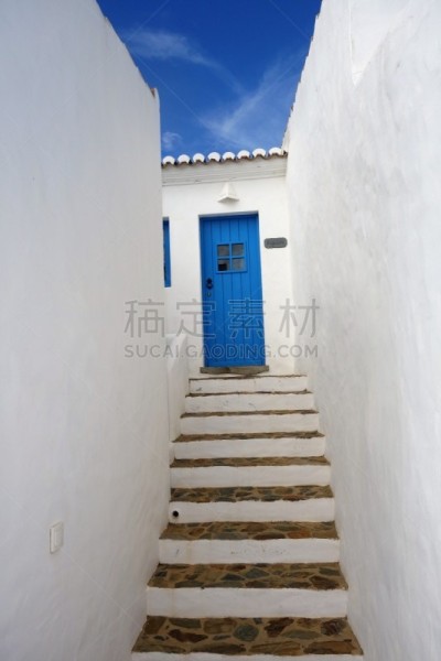 门,台阶,蓝色,可爱的,建筑物门,巷,门口,夏天,户外,天空