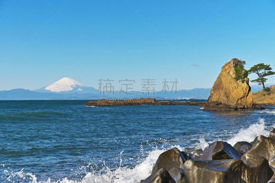 富士山,旅游目的地,水平画幅,岩石,雪,无人,日本,户外,海洋,波浪
