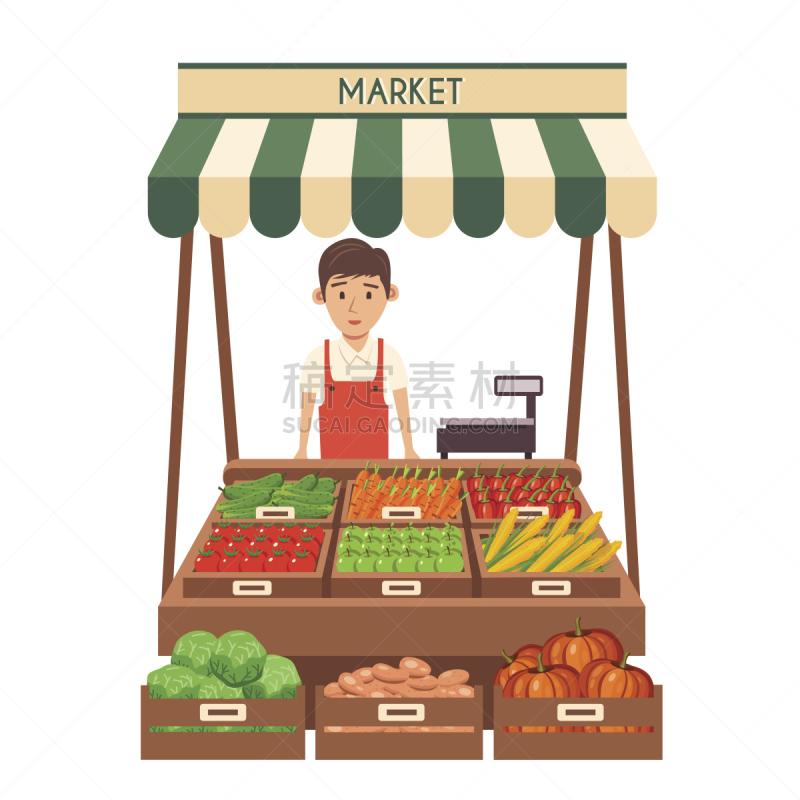 蔬菜,货摊,绘画插图,平坦的,市场,矢量,社区,清新,食品,模板