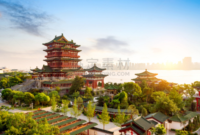 建筑,古典风格,水,天空,公园,水平画幅,无人,早晨,东亚,户外