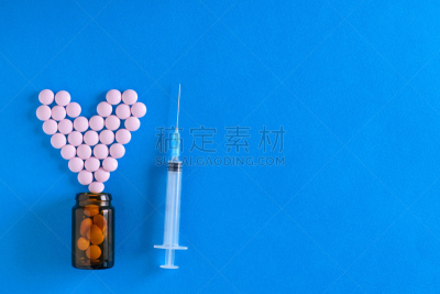 注射器,药丸,人类心脏,公亩,代表,蓝色背景,瓶子,健康保健,药,塑胶