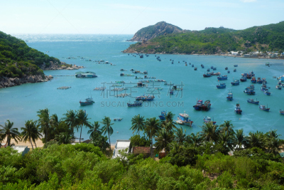 越南,海滩,海湾,水,水平画幅,无人,夏天,组物体,户外,渔船